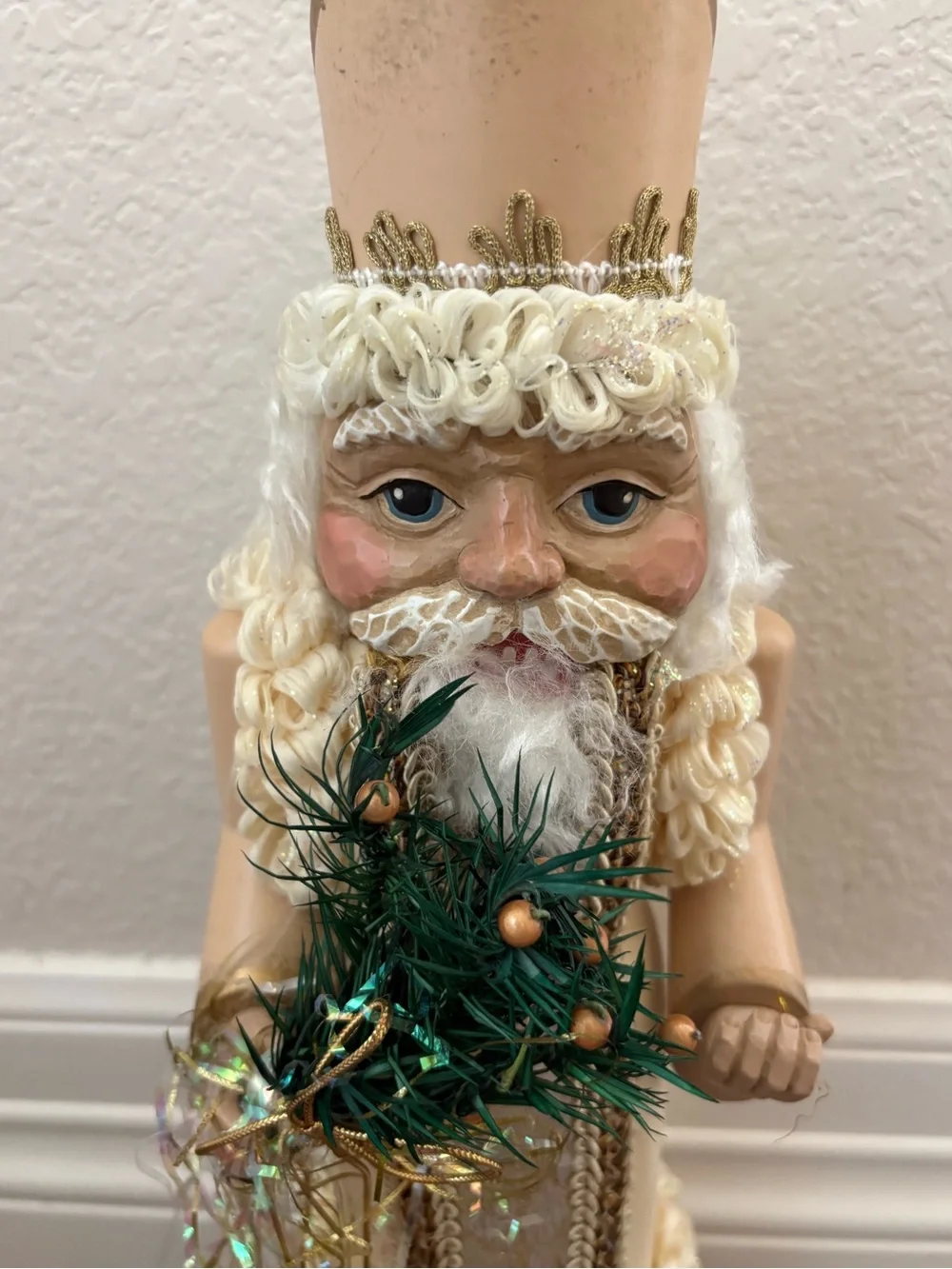Vintage Wooden Santa Claus Nutcracker Figurine White Gold Elegant Holiday Decor